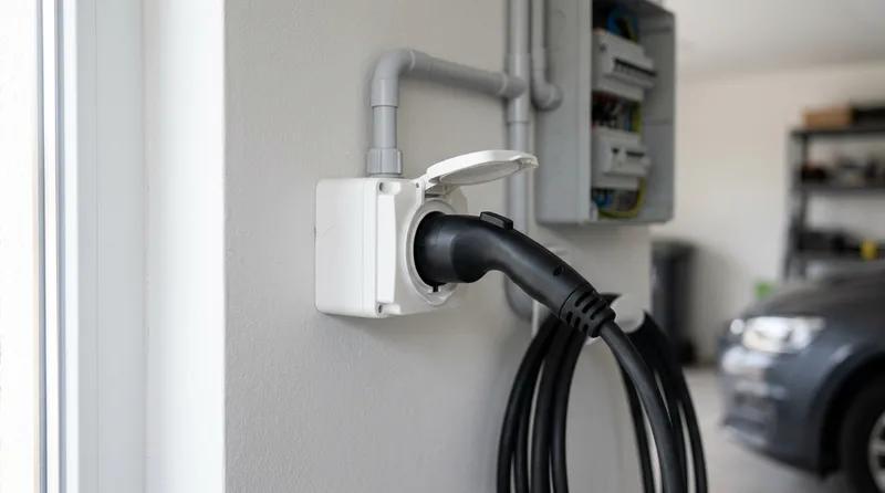 Prise renforcée posée dans un garage pour recharger un véhicule électrique